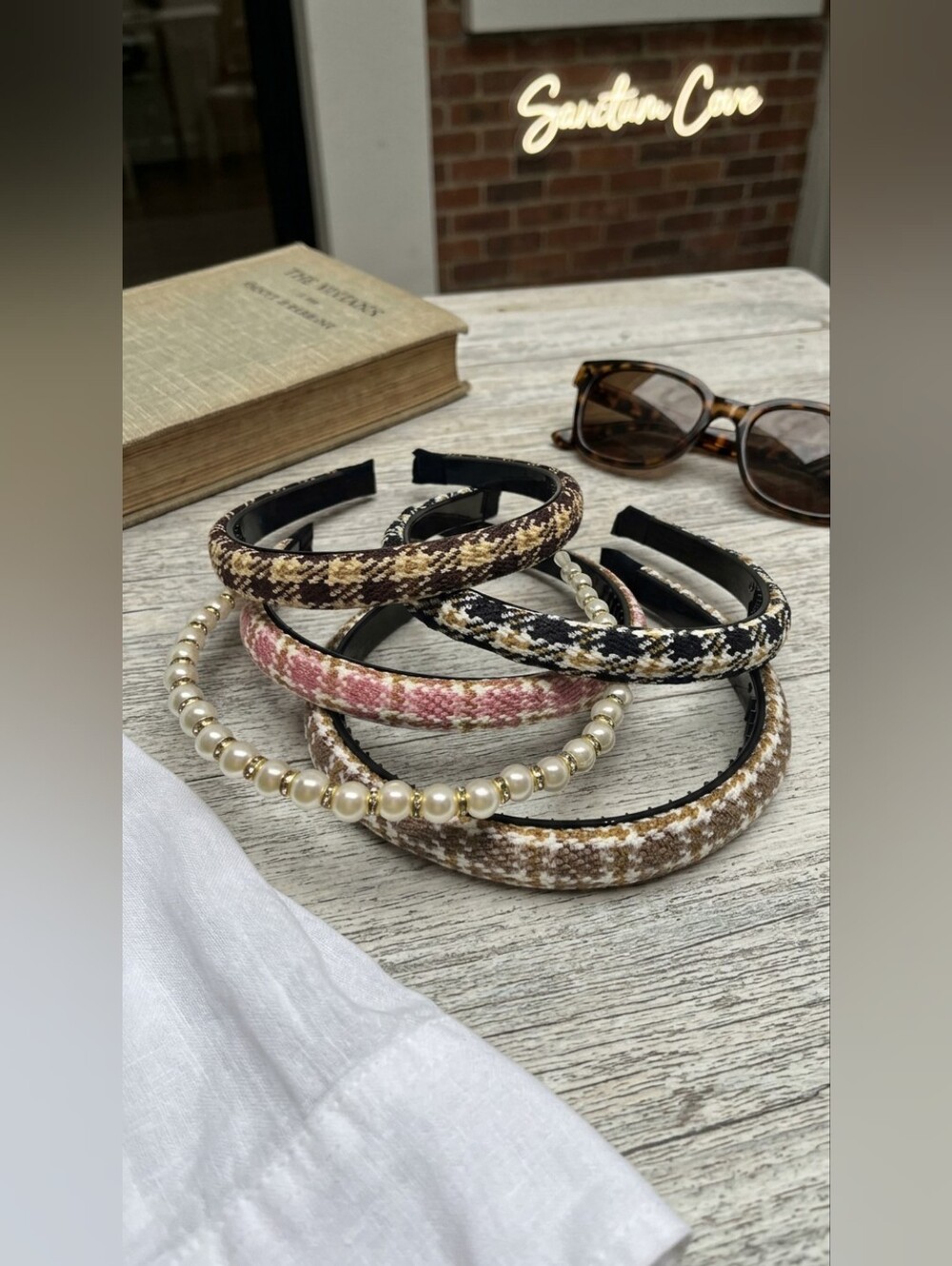 Set of 5 Tweed Neutral Plaid & Pearl Headbands